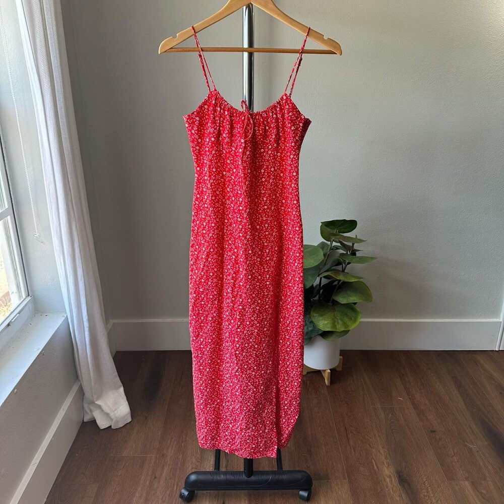 Womens Zara Red Floral Summer Midi Side Slit Dress XS